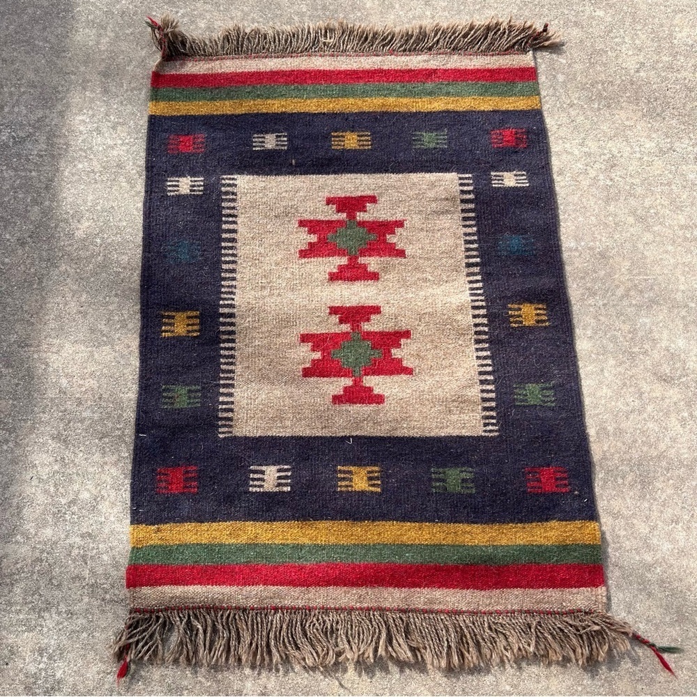 Vintage Wool Handmade Kilim Rug Aztec Navajo Bohemian